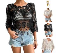 Women's Plain Fringe Trim Cut out Sheer Cover Up,Boho Scallop Trim 3/4 Sleeve Round Neck Cover Up,Beach Sarong for Vacation (Black)