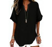 Women's Plain Short Sleeve Blouse Casual Solid Color Top for Daily Wear, Ladies Clothes for All Seasons (Black,L)