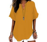 Women's Plain Short Sleeve Blouse, Casual Solid Color Top for Daily Wear, Ladies Clothes for All Seasons (Yellow,L)
