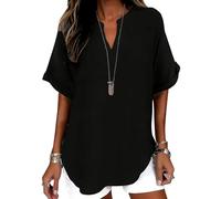 Women's Plain Short Sleeve Blouse Casual Solid Color Top for Daily Wear Summer (Black,XXL)