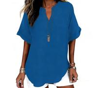 Women's Plain Short Sleeve Blouse Casual Solid Color Top for Daily Wear Summer (Blue,XL)