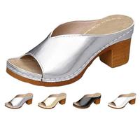 Women's Platform Chunky Heels Low Block Heeled Sandals Classic Casual Slip on Dressy Shoes Summer Non-Slip Open Toe Shoe Fashion Slip-On Shoe (Silver,38)