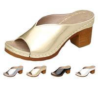 Women's Platform Chunky Heels Low Block Heeled Sandals Classic Casual Slip on Dressy Shoes Summer Non-Slip Open Toe Shoe Fashion Slip-On Shoe (Gold,40)