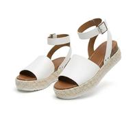 Women's Platform Open Toe Buckle Ankle Strap Sandals Casual Faux Leather Dressy Elegant Flats Comfortable Summer Shoes Women Fashion Strappy Sandals (White,35)