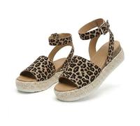 Women's Platform Open Toe Buckle Ankle Strap Sandals Casual Faux Leather Dressy Elegant Flats Comfortable Summer Shoes Women Fashion Strappy Sandals (Leopard Print,42)