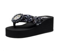 Women's Platform With Wedges Flip-flops Summer Fashion Anti-skid Sponge Cake Beach Shoes Rhinestones High Heels Sandals(6cm High Heels,36)