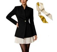 Womens Pleated Blazer Mini Dress Fall Elegant Contrast Long Sleeve V Neck Button Jacket,Metal Button Hem Tailored Waist Dress
