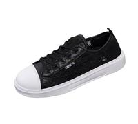 Womens Plimsoll Ladies Lace Up Flat Pumps Girls Low Top Baseball Tennis Sneakers Casual Trainers Fashion Gym Workout Athletic Black/White Back to School Shoes