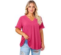 Women's Plus Size Casual Solid Short Sleeve Ruffle Sleeve Flutter Sleeve V-Neck Top Loose Fit Tunic Blouse for Summer Spring Daily Wear Black