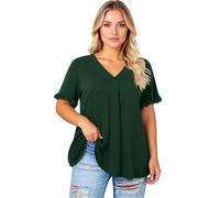 Women's Plus Size Casual Solid Short Sleeve Ruffle Sleeve Flutter Sleeve V-Neck Top Loose Fit Tunic Blouse for Summer Spring Daily Wear Black