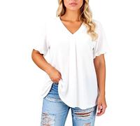 Women's Plus Size Casual Solid Short Sleeve Ruffle Sleeve Flutter V-Neck Top Blouse Loose Fit Summer Tunic Shirt with Pleated Front Detail