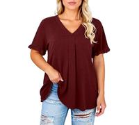 Women's Plus Size Casual Solid Short Sleeve Ruffle Sleeve Flutter V-Neck Top Blouse Loose Fit Summer Tunic Shirt with Pleated Front Detail