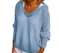 Women's Plus Size Crochet Lightweight Hollow Out Hooded Sweaters (Blue,M)