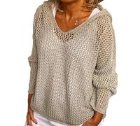 Women's Plus Size Crochet Lightweight Hollow Out Hooded Sweaters (Khaki,L)