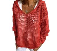 Women's Plus Size Crochet Lightweight Hollow Out Hooded Sweaters (Red,XXL)