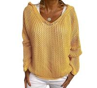 Women's Plus Size Crochet Lightweight Hollow Out Hooded Sweaters (Yellow,L)