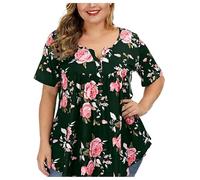 Women's Plus Size Floral Print Short Sleeve V Neck Button Down Tunic Tops Casual Flowy Summer Blouses for Ladies Lightweight Boho Vacation Shirts