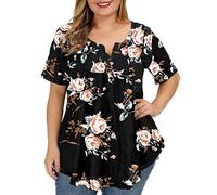 Women's Plus Size Floral Print Short Sleeve V Neck Button Down Tunic Tops Casual Flowy Summer Blouses for Ladies Lightweight Boho Vacation Shirts