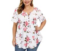 Women's Plus Size Floral Print Short Sleeve V Neck Button Down Tunic Tops Casual Flowy Summer Blouses for Ladies Lightweight Boho Vacation Shirts
