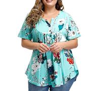 Women's Plus Size Floral Print Short Sleeve V Neck Button Down Tunic Tops Casual Flowy Summer Blouses for Ladies Lightweight Boho Vacation Shirts