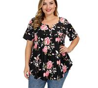 Women's Plus Size Floral Print Short Sleeve V Neck Button Down Tunic Tops Casual Flowy Summer Blouses for Ladies Lightweight Boho Vacation Shirts