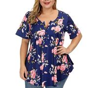 Women's Plus Size Floral Print Short Sleeve V Neck Button Down Tunic Tops Casual Flowy Summer Blouses for Ladies Lightweight Boho Vacation Shirts