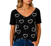 Women's Plus Size Summer Top V Neck Short Sleeve Loose Fit T Shirt with Silver Heart Print Casual Blouse for Ladies Trendy Graphic tee