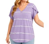 Women's Plus Size Summer V Neck T Shirt with Ruffle Short Sleeves Casual Striped Loose Fit Blouse Top for Daily Wear Comfortable Soft Fabric Grey
