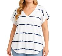 Women's Plus Size Summer V Neck T Shirt with Ruffle Short Sleeves Casual Striped Loose Fit Blouse Top for Daily Wear Comfortable Soft Fabric Grey