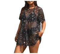 Women's Plus Size Swimwear Sun Moon Star Print Sheer Mesh See Through Cover Up Short Sleeve Beachwear Black 4XL(3X-Large Plus)