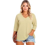Women's Plus Size V Neck 3/4 Sleeve Tunic Tops Casual Loose Fit Solid Color Blouses with Pockets Summer Fall Fashion Shirts for Ladies