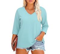 Women's Plus Size V Neck 3/4 Sleeve Tunic Tops Casual Loose Fit Solid Color Blouses with Pockets Summer Fall Fashion Shirts for Ladies