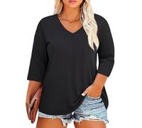 Women's Plus Size V Neck 3/4 Sleeve Tunic Tops Casual Loose Fit Solid Color Blouses with Pockets Summer Fall Fashion Shirts for Ladies