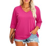 Women's Plus Size V Neck 3/4 Sleeve Tunic Tops Casual Loose Fit Solid Color Blouses with Pockets Summer Fall Fashion Shirts for Ladies