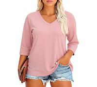 Women's Plus Size V Neck 3/4 Sleeve Tunic Tops Casual Loose Fit Solid Color Blouses with Pockets Summer Fall Fashion Shirts for Ladies