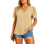 Women's Plus Size V Neck Eyelet Short Sleeve T Shirt Solid Color Loose Fit Casual Summer Fashion Blouse with Side Pockets for Daily Wear