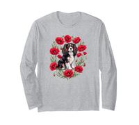 Womens Poppies Flower Tricolor Cavalier King Charles Spaniel Manga Larga