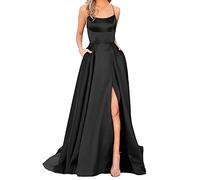 Womens Prom Dresses Causal Spaghetti Strap High Split Bridesmaid Wedding Dress Fashion Elegant Pleated Swing Dresses Evening Beach Sundress with Pockets Ladies Long Dress S-XXXL