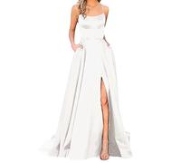 Womens Prom Dresses Causal Spaghetti Strap High Split Bridesmaid Wedding Dress Fashion Elegant Pleated Swing Dresses Evening Beach Sundress with Pockets Ladies Long Dress S-XXXL