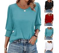 Womens Puff 3/4 Length Sleeve Crew Neck Shirts Casual Fashion Dressy Fit Blouses Fall Comfy Tunic Tops 2025 New (Blue,M)