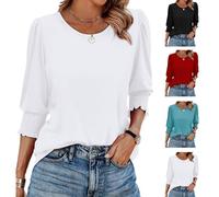 Womens Puff 3/4 Length Sleeve Crew Neck Shirts Casual Fashion Dressy Fit Blouses Fall Comfy Tunic Tops 2025 New (White,XL)