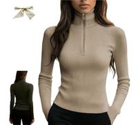 Women's Quarter Zips Sweater Ribbed Turtleneck Thermal Base Layer,Casual Long Sleeve Zip Knit Top (FR/ES, Letras, XXL, Regular, Regular, Apricot)