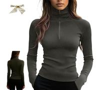 Women's Quarter Zips Sweater Ribbed Turtleneck Thermal Base Layer,Casual Long Sleeve Zip Knit Top (FR/ES, Letras, XL, Regular, Regular, Gray)