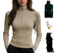 Women's Quarter Zips Sweater Ribbed Turtleneck Thermal Base Layer,Casual Long Sleeve Zip Knit Top,Slim Fitted Ribbed Pullover (FR/ES, Letras, XL, Regular, Regular, Apricot)