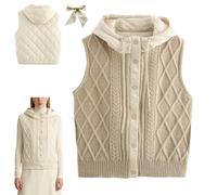 Women's Quilted Hooded Knit Vest,Lightweight Sleeveless Knit Jacket with Puffer Back,Casual Retro Layered Sweater Hooded Vest (Khaki)