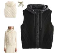 Women's Quilted Hooded Knit Vest,Lightweight Sleeveless Knit Jacket with Puffer Back,Casual Retro Layered Sweater Hooded Vest (Black)