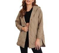 Womens Quilted Jacket Lightweight Diamond Hooded Winter Coat Mid Length | Snap Front Closure Deep Side Pockets Relaxed Layering Fit Curved Hem Side Slits Everyday Casual Outerwear For Cool Days Wear