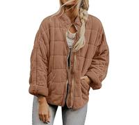 Womens Quilted Lightweight Jackets, Loose Long-Sleeved Pocket Jacket, Oversized Zip Up Winter Coats (Dark Brown,XXL)