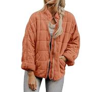 Womens Quilted Lightweight Jackets, Loose Long-Sleeved Pocket Jacket, Oversized Zip Up Winter Coats (Orange,L)