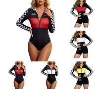 Women's Racer Bodysuit Costume Graphic Half Zip Long Sleeve Leotard Motorcycle Shirt Turtleneck Zip Up Jumper for Halloween Talladega Nights Sexy Race Car Driver Costume Shapewear Long Sleeve Graphic